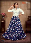 White And Navy Blue Colour Latest Fancy Exclusive Western Party Wear Cotton Top With Crepe Silk Skirt Heavy Collection 1623